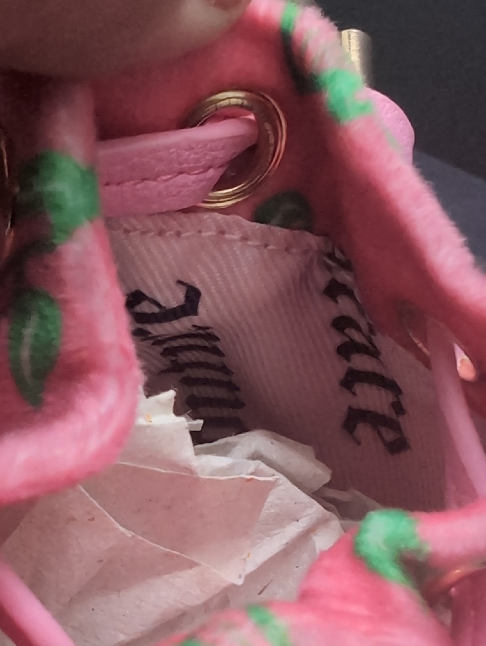 NWT,Juicy Couture Velour Micro Bag And Pouch Set In Pink with Cherry Print. - Picture 9 of 11